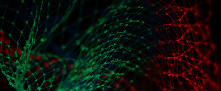 Abstract green and red digital mesh representing 128-bit and 256-bit encryption